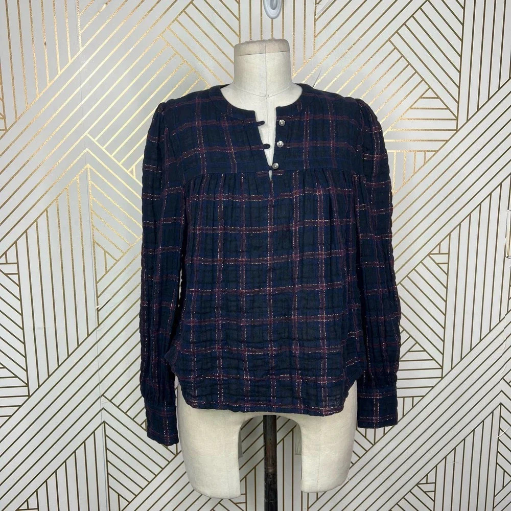 Rebecca Taylor La Vie Lurex Plaid Top Navy Blue Gauze Long Sleeve Size XS